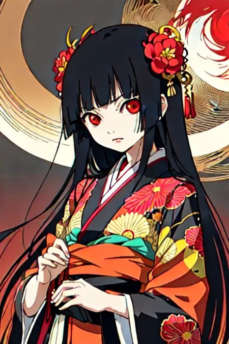 enma ai, hair down, hair black, bangs, eyes red, masterpiece, best quality, ultra-detailed, illustration, 1girl, solo, highres, photorealistic, ultra high res, (Original illustration composition), (fusion of limited color,Maximalism artstyle, kimono fashion, double exposure, background, illustration, Amazing, lily spider, night darkness, fire hell