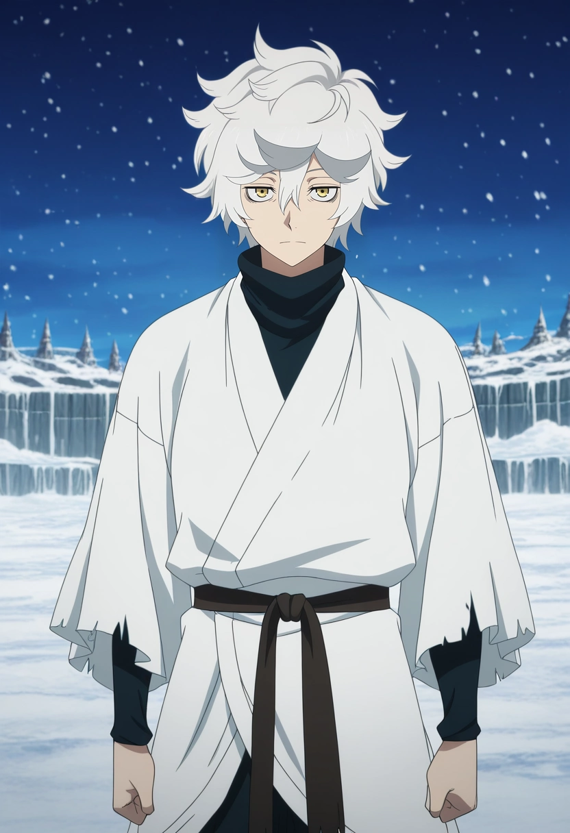 masterpiece, best quality, anime screencap, official style, anime coloring, cowboy shot, 1boy, solo, male focus, <lora:gabimaru_jigokuraku_ilxl:0.92>, gabimaru_jigokuraku, white hair, yellow eyes, hair between eyes, short hair, messy hair, , , frost citadel, icy arches, frozen pathways, snow-draped halls, guarding pose, vigilant expression, winter twilight,