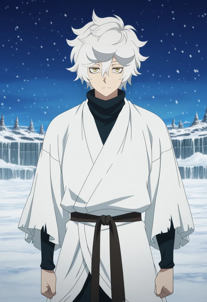 masterpiece, best quality, anime screencap, official style, anime coloring, cowboy shot, 1boy, solo, male focus, <lora:gabimaru_jigokuraku_ilxl:0.92>, gabimaru_jigokuraku, white hair, yellow eyes, hair between eyes, short hair, messy hair, , , frost citadel, icy arches, frozen pathways, snow-draped halls, guarding pose, vigilant expression, winter twilight,