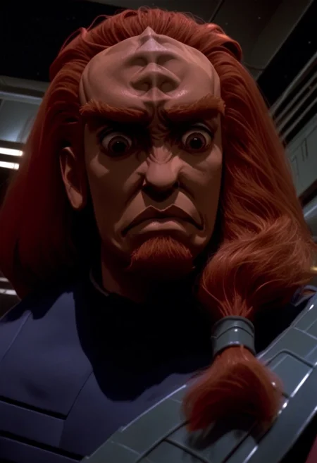 masterpiece,best quality, highly detailed, score_9, score_8_up, score_7_up, score_6_up, quality hands, three fingers, perfect hands, dinamick angle, cold soft lighting, perfect reflection, perfect lighting, perfect shadows, s3stngunf, spaceship interrior,starship interrior,space,scifi, hangar, zPDXL3, pov, view from below, face focus 
BREAK
on Federation spaceship, 1male Klingon officer Vincenzo Santorini, kling0n alien, forehead ridges, brown skin, large eyebrows, brown eyes, long black Klingon hair, gorgeous mustache, YelenaFacePrdy, shaded face, closed mouth,