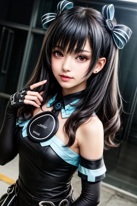 score_9, score_8_up, score_7_up, score_6_up, score_5, score_4, masterpiece, best quality, high resolution, highly detailed, perfect lighting, 1girl, solo,uni, 1girl, solo, red eyes, black hair, long hair, two side up, hair between eyes, hair ribbon, black dress, sleeveless dress, ribbon, bare shoulders, black gloves, elbow gloves, fingerless gloves