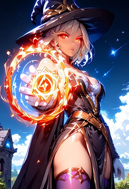 score_9, score_8_up, score_7_up, 8k matte painting, highres, cinematic lighting, intricate detail, (finely detailed face), thighhighs, gloves, hat, dress, cleavage, bare shoulders, elbow gloves, witch hat, pelvic curtain, purple thighhighs, cowboy shot portrait, from below, detailed eyes, (beautiful witch holding a glowing staff), (action pose), casting a spell, red glowing pantagram,  looking at viewer, complex revealing skimpy witch dress, galaxy witch hat, white glove, glowing eyes, magic, (star sky background), (fantasy), Ilya Kuvshinov, Greg Rutkowski, (((nsfw)))
<lora:Expressive_H-000001:0.8>, expressiveH <lora:MythP0rtr4itStyle:0.9> mythp0rt, <lora:Pony_DetailV1.0:0.9>