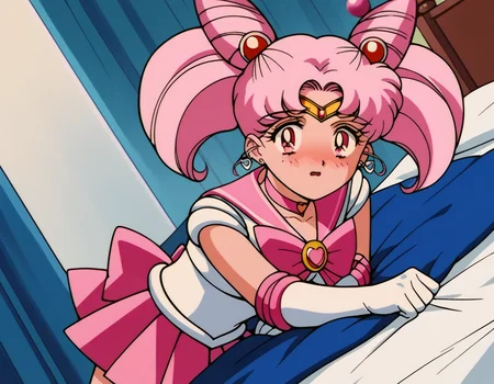 score_9, score_8_up, score_7_up, source_anime, <lora:chibiusa-tsukino-s3-ponyxl-lora-nochekaiser:1>, chibiusa, cone hair bun, double bun, hair bun, hair ornament, pink eyes, pink hair, short hair, twintails, circlet, parted bangs,, bow, brooch, choker, earrings, elbow gloves, gloves, heart, heart brooch, magical girl, pink bow, pink choker, pink sailor collar, pink skirt, pleated skirt, sailor collar, sailor senshi uniform, skirt, stud earrings, white gloves,, indoors, bed, bed room, on side, blush, drunk, looking at viewer, solo,, cowboy shot, dutch angle