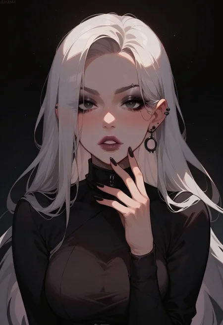 score_9, score_8_up, score_7_up, score_6_up, pretty woman, 21 year old, 1girl, very pale skin, white skin, goth girl, emo, eyeliner, eyeshadow, white hair, long hair, straight hair, black eyes, pretty face, long hair, pretty eyes, long sleeves, shirt, skirt, sexy pose