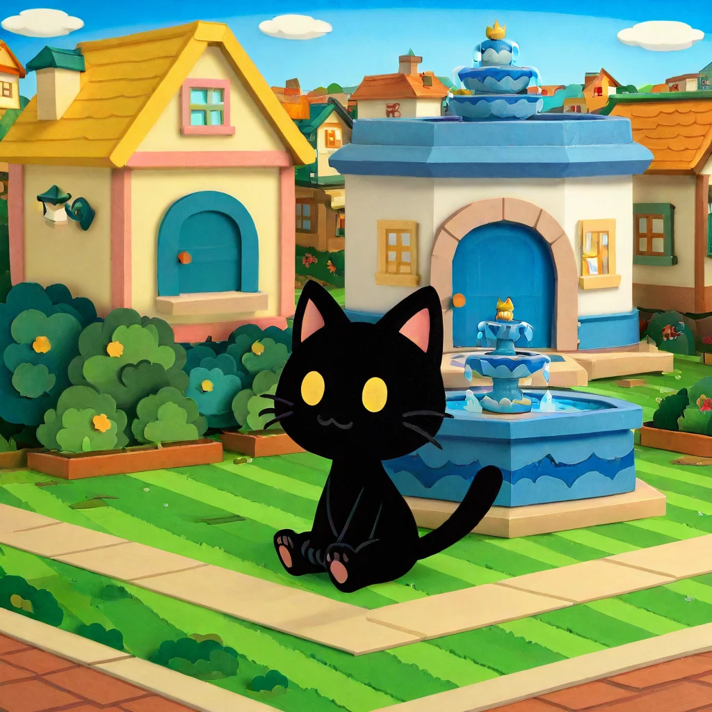 (((stkrstar:1))), highres, high quality, 1boy, cat, black fur, :3, sitting on bench, cute, adorable, whiskers, town, grass, window, house, clouds, fountain