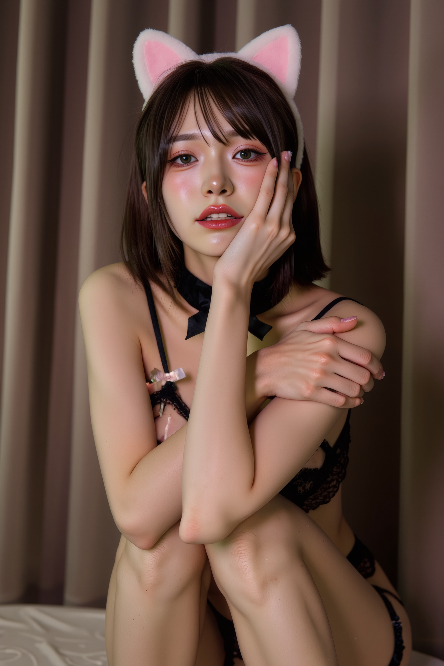 A professional, high-resolution image of a young woman seated comfortably on the floor, knees drawn close to her chest and embraced gently by her arms. Her head rests slightly tilted, with a soft, introspective gaze directed toward the camera, creating an intimate, thoughtful atmosphere.

She is wearing a black SGWN64Clothing with cat ears. Her makeup is dramatic, with dark eyeliner and bold, glossy pink lips. 

The lighting features a high-contrast, monochromatic white color scheme that creates a moody, intimate atmosphere. 

The photography technique uses what appears to be soft lighting to create a glamorous effect, with careful attention to highlighting contours while maintaining the dominant light brown color scheme throughout the frame.

The overall aesthetic combines elements of fashion photography, traditional Asian visual motifs, and contemporary boudoir styling. The dramatic light brown lighting creates a cohesive visual theme that ties all elements of the composition together.

The white light emit on her to show her feature.