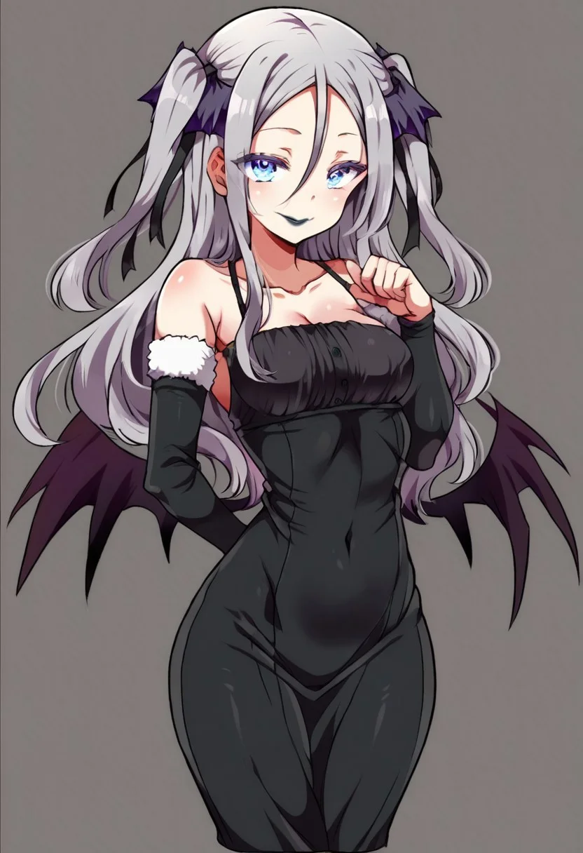 score_9, score_8_up, score_7_up, masterpiece, best quality, detailed face, detailed eyes, nameru, maron, BREAK 1girl, slim, delicate features, sensual glare, smile, pale skin tone, blue eyes, makeup, dark lipstick, regal dressing, fur trimmed black dress, white hair with two buns, (hands down), BREAK half-sideways view, medium shot, BREAK simple background