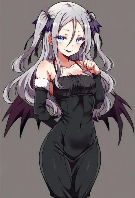 score_9, score_8_up, score_7_up, masterpiece, best quality, detailed face, detailed eyes, nameru, maron, BREAK 1girl, slim, delicate features, sensual glare, smile, pale skin tone,  blue eyes, makeup, dark lipstick, regal dressing, fur trimmed black dress, white hair with two buns, (hands down), BREAK half-sideways view, medium shot, BREAK simple background