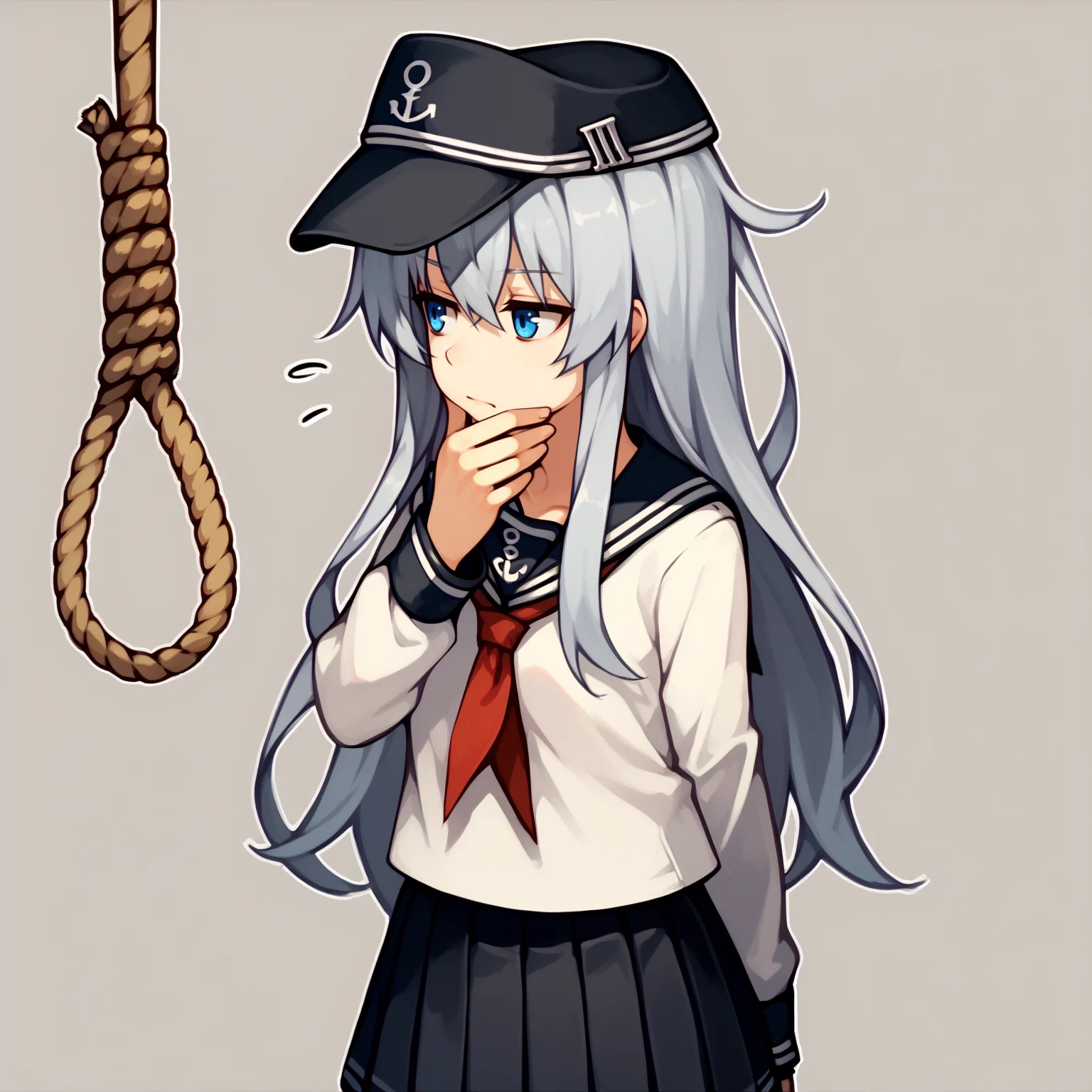 score_9, score_7_up, BREAK,
<lora:hibikiv2:1>, hibikikc, long hair, grey hair, blue eyes, hibikioutfitkc, serafuku, black thighhighs, pleated skirt, black hat,
<lora:thinkingnoosev1:1>, thinkingnoose, noose, hand on own chin, solo, thinking, rope,