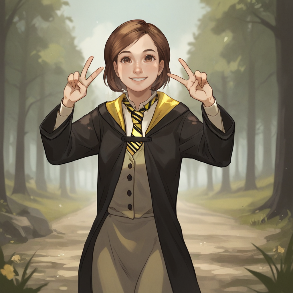 score_9_up, score_8_up, BREAK, PoppySweeting, 1girl, solo, brown hair, short hair, brown eyes, smile, necktie, hogwarts school uniform, cowboy shot, double v, outdoors, forest,  <lora:PoppySweeting_PXL_Leaf3-000014:0.8>