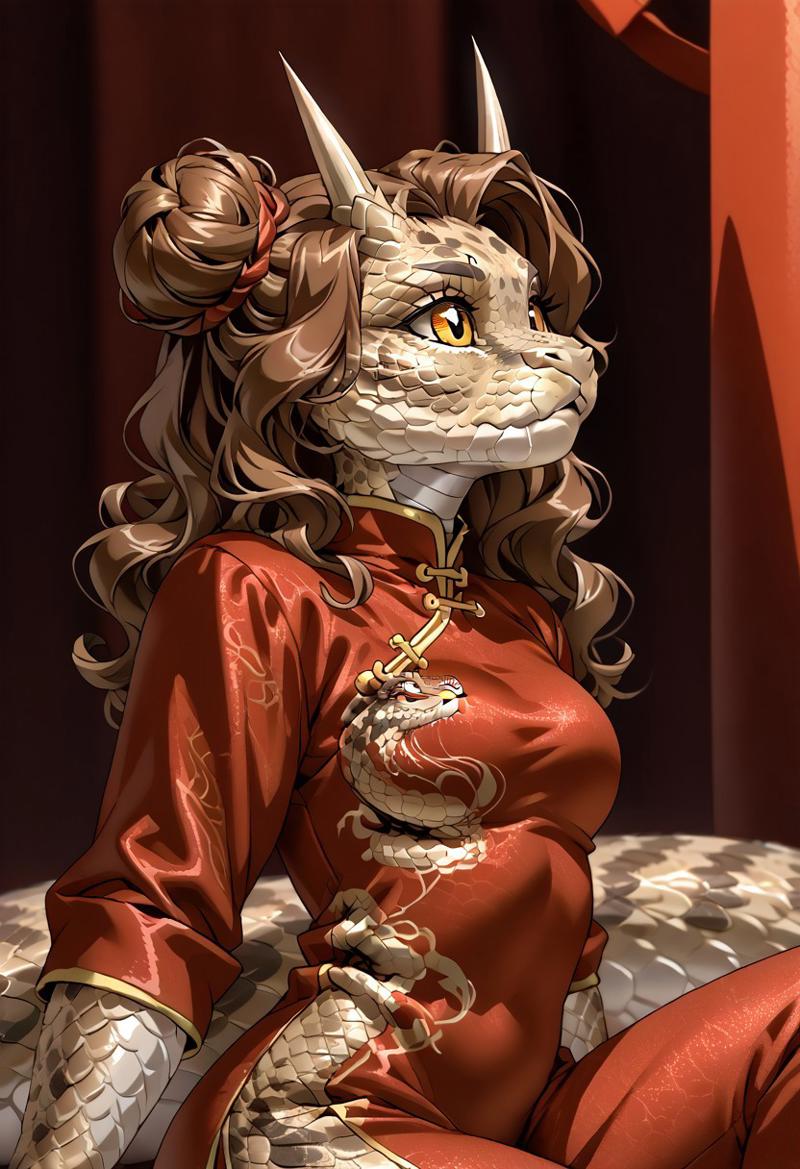 score_9, score_8_up, score_7_up, (by jailbird:1.5), (by kittydee:1.5), (by zummeng:1.5), masterpiece, best quality, (solo),  
(Furry Art: anthro: saharan horned viper:1.5), 1girl, expressive eyes, feminine eyes, <lora:beautiful_detailed_eyes:1>, perfect face, snake, reptile, horned eyebrows, scales, multicolored scales, light brown scales, brown spots, white scales, snake eyes, yellow eyes, (brown hair:1.5), (wavy hair), (chinese hair buns), medium breasts, (chinese style shirt:1.5), (tight pants:1.5),