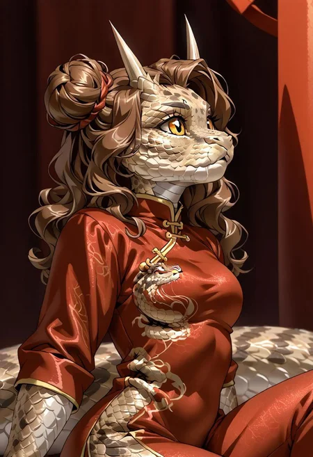 score_9, score_8_up, score_7_up, (by jailbird:1.5), (by kittydee:1.5), (by zummeng:1.5), masterpiece, best quality, (solo),
(Furry Art: anthro: saharan horned viper:1.5), 1girl, expressive eyes, feminine eyes, <lora:beautiful_detailed_eyes:1>, perfect face, snake, reptile, horned eyebrows, scales, multicolored scales, light brown scales, brown spots, white scales, snake eyes, yellow eyes, (brown hair:1.5), (wavy hair), (chinese hair buns), medium breasts, (chinese style shirt:1.5), (tight pants:1.5),