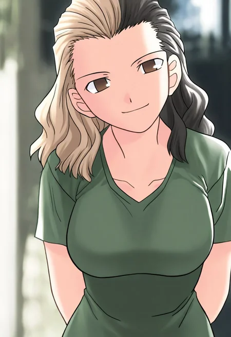 masterpiece, best quality, <lora:Tsukihime NXL:1>,solo,masterpiece, best quality, 
1girl, female focus, large breasts,  solo, brown eyes, thin brown streaks in hair, black hair, thin blonde streaks in hair, multi-colored hair, medium hair,wavy hair, hair part, side part, hair slicked back, small mouth, short nose, small nose, cute face, soft hair,
outdoor, farm, sunny day, head tilt, hands behind back, leaning forward, quarter view,  innocent smile, cheerful feeling, feminine, girlish, cute