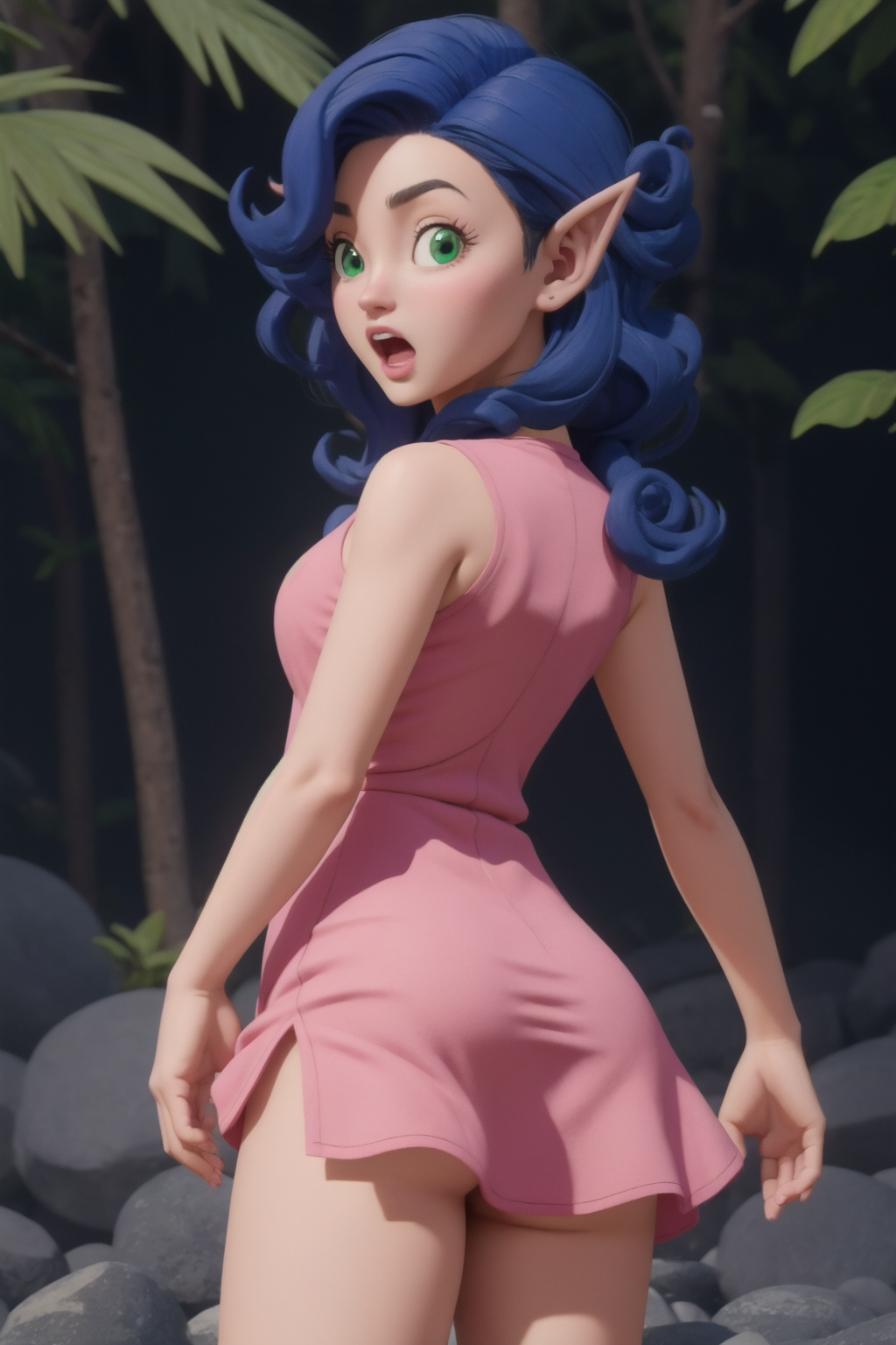fairy,cowboy shot, 1girl,solo,blue hair,green eyes,small breasts,curly hair,pointy ears,long hair,pink short dress, ass, from behind,open mouth, surprised, :o,(arms at sides),looking at viewer,baboo forest,(Maya 3d render:1.05), (masterpiece:1.3), (hires, high resolution:1.3), subsurface scattering  <lora:fairy_v1:1>