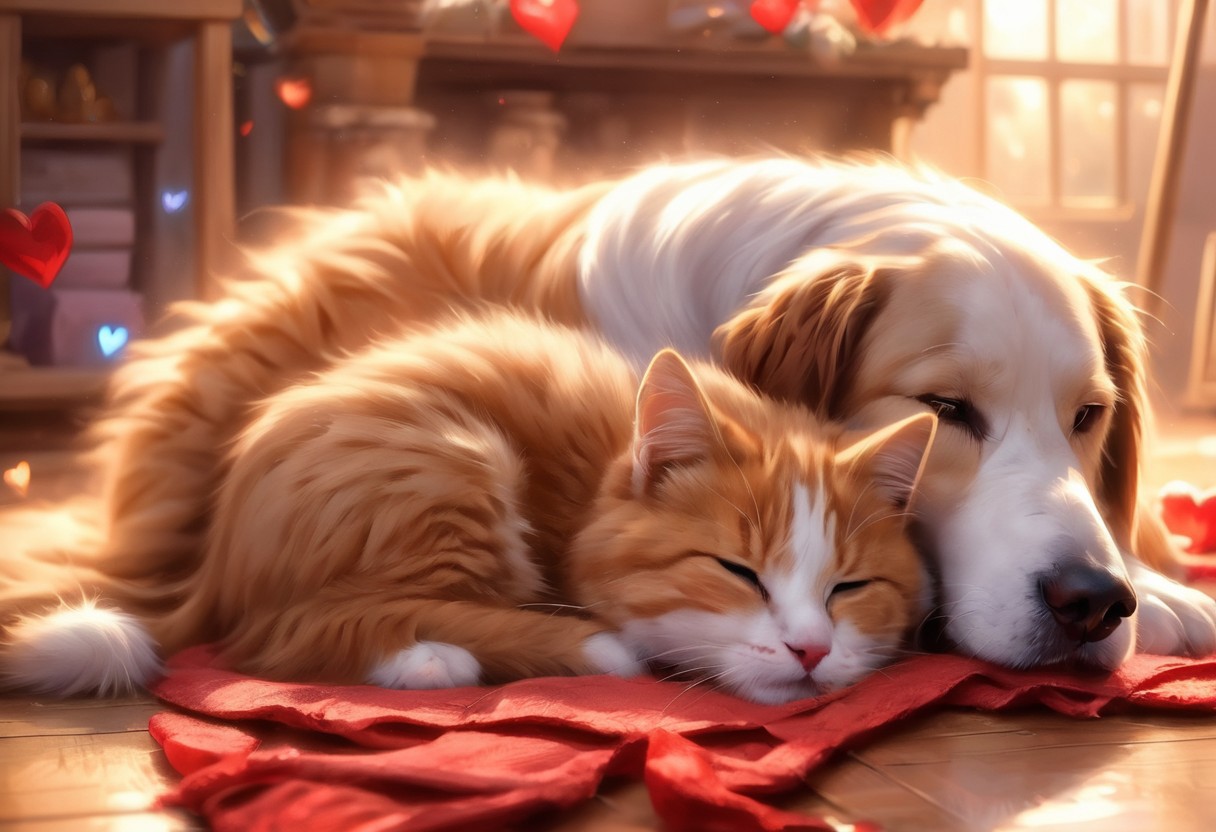 Create a highly detailed digital painting depicting two small animals. A large dog is sleeping soundly on the cozy floor while a smaller cat has nestled itself against the dog, purring and closing it's eyes.
The background is slightly blurred, emphasizing the depth of field, dreaming fantasy, wonderworld, close up, breathtaking, 3d, award winning, a masterpiece, lens flare, pixel art, valentines day, romance, hearts, heart symbolism