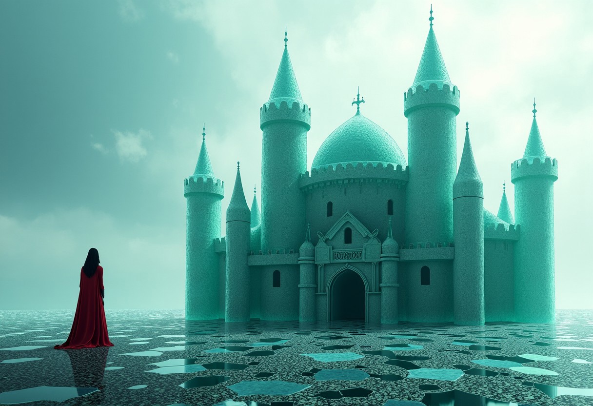 A castle made of shattered glass, where a lonely prince or princess gazes at the fragments of a love long gone, each shard reflecting a different memory.