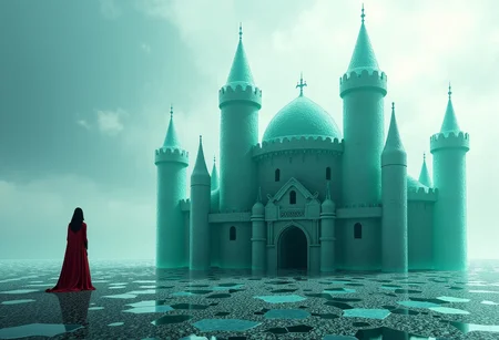 A castle made of shattered glass, where a lonely prince or princess gazes at the fragments of a love long gone, each shard reflecting a different memory.