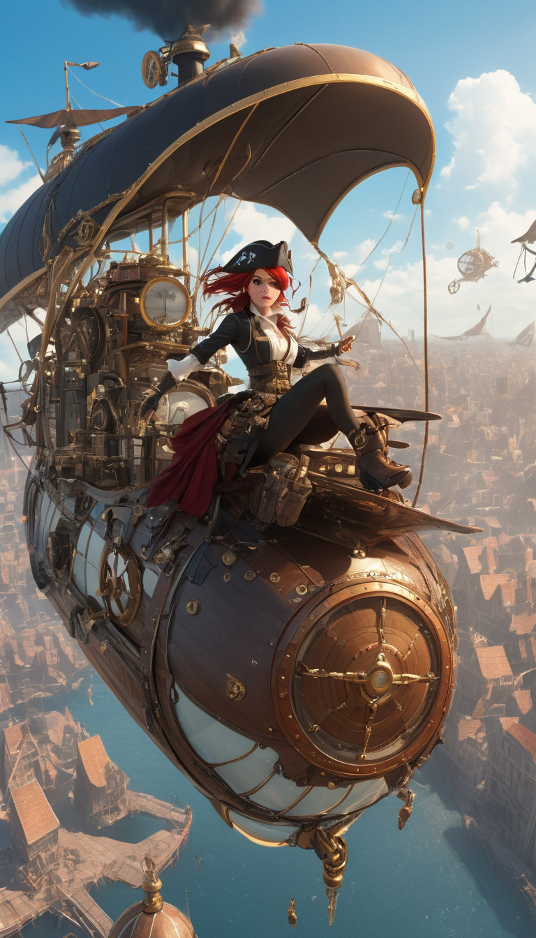 Cinematic scene, hero view, a steampunk female pirate on a airship, action pose, detailed background, masterpiece, best quality, high quality, highres, absurdres, steampunk <lora:steampunk_xl_v1:1>