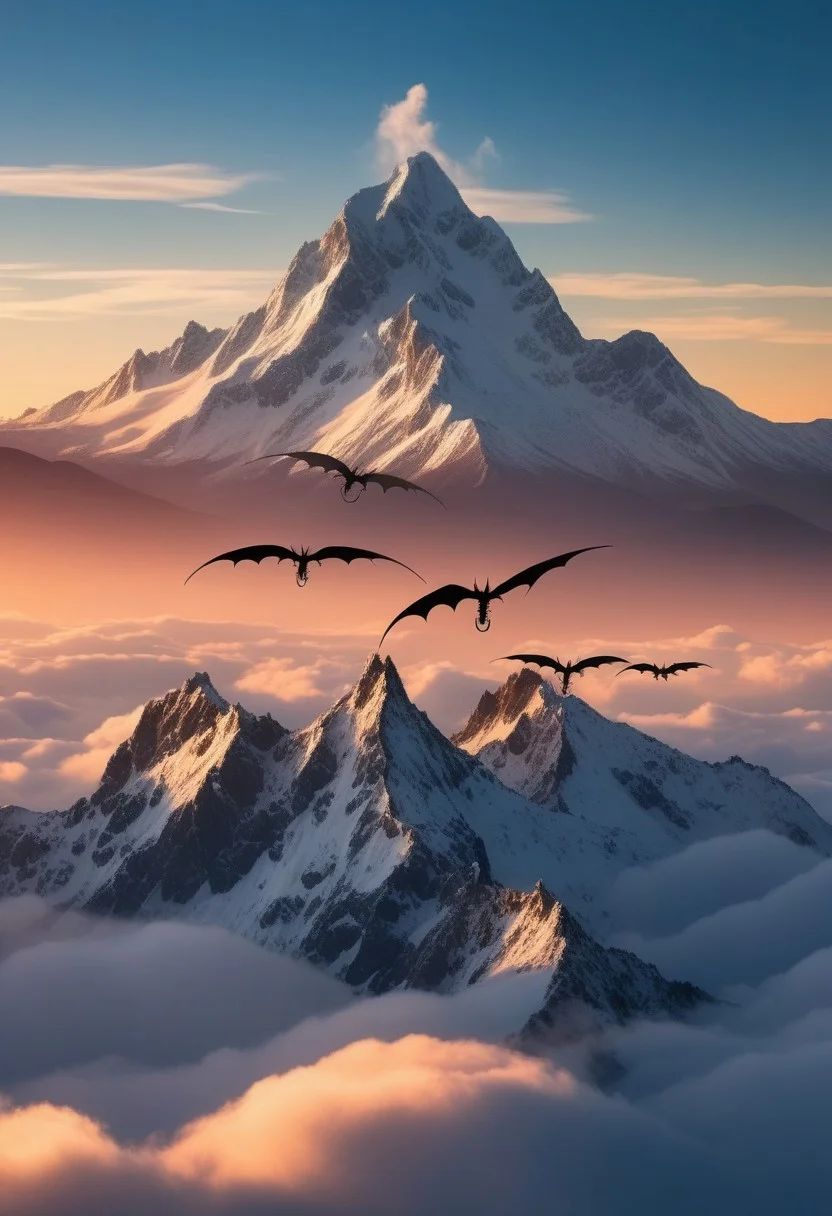 photograph Herd of dragons flying over clouds and snowy mountain peak at sunrise