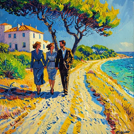 painting of a man and woman taking a walk in the beach on a nice sunny fall day  <lora:tbh130-sdxl:1> style of Paul Signac