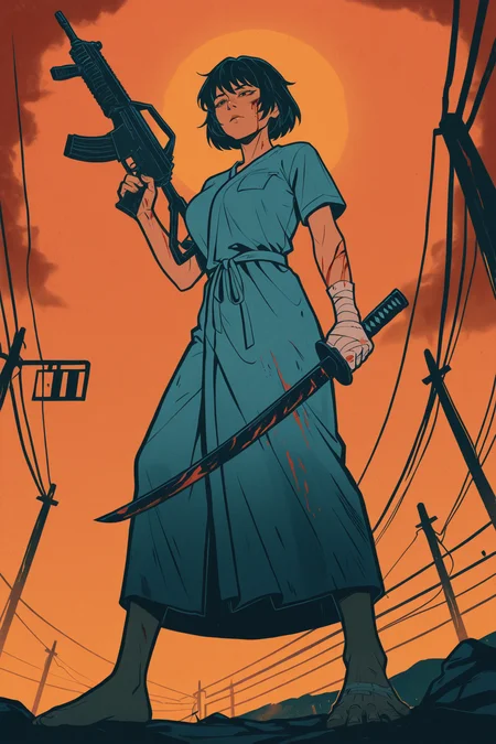 Flat art, Detailed, details, outdoors, Sunset, from below,
Full body, solo, woman, Sleep deprived, Stern face, short hair, bandaged hands, slim body, battle stance, big breasts, Hospital gown, holding assault rifle in right hand and katana in left hand, injury, blood,
cthulhuseeker,
<lora:Cthulhuseeker-illustrious:1>