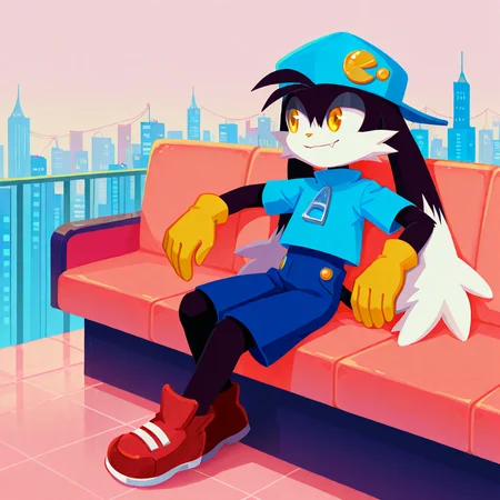 highres, incredible quality, 2d, detailed face:1, detailed eyes:1, detailed hands, detailed eyes, good anatomy, 1boy, anthro, furry, furry male,source_anime,pastel colors,2dstyle, no shading,lineless,flat color,klonoa, black fur, yellow eyes,yellow gloves,blue hat,blue shirt,blue shorts,red shoes, looking away, smile, fangs, closed mouth, sitting, restaurant, city, relaxing, ((solo, 1boy))