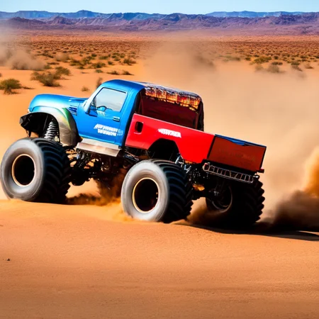 photo (truckplans:1) a large monster truck driving through a desert area <lora:djzTruckPlans_LoraBooth:1>