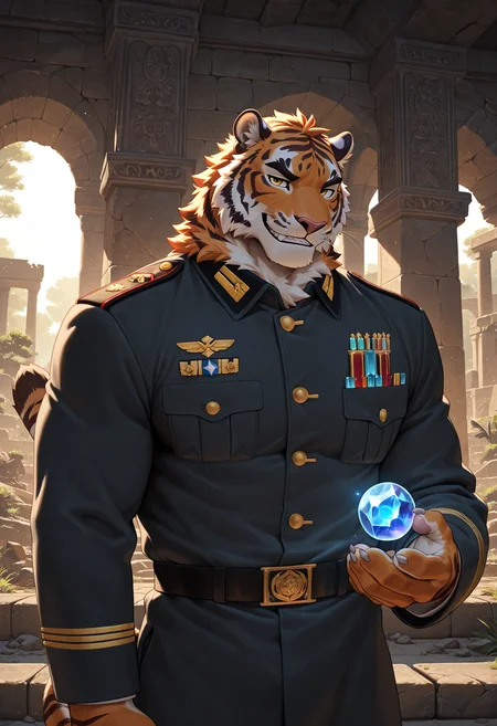 4k, score_9, score_8_up, score_7_up, mature, male focus, male, (detailed face), (detailed eyes), sharp focus, masterpiece, best quality, amazing quality, good lighting, anthro, male focus, furry male, sharp teeth, furry, bara, 5finger, Siberian Tiger anthro, Siberian Tiger sable fur, smirking coyly sensually, ancient ruins, fluorescent hum, military dress uniform, seductive, crystal orb, l1ndong,