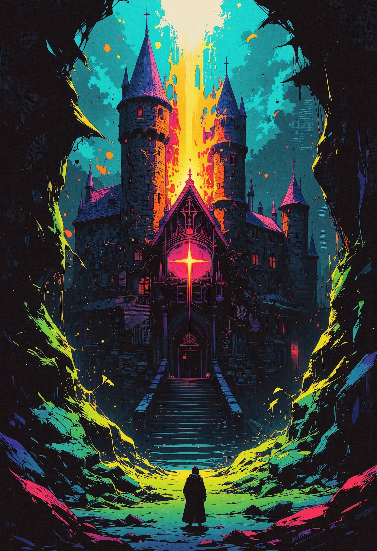 bo-chromatic, chromatic distortion, shattered light. a medieval castle.
<lora:boFLUX Chromatic Abyss:1>