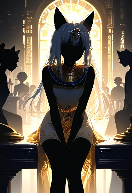 (masterpiece, best quality), (score_9, score_8_up, score_7_up,source_anime), 4K8K, high res image, Uncorrected, white print, lineart print, print, 
from front, upperbody, portrait, 
Ankha_(Animal_Crossing), (solo:1.3), 
(animals), silhouette, backlit, backlighting, dark night, Porcelain Mix Gold, pmg style, 
(golden lines, white silhouette skin, Skin like porcelain), 
sitting, bent over, spreading legs, Arms between legs, Porcelain wall, (small stature, petite:1.3), (breasts:1.1), (white hair, verry long hair, cat ears),
(wearing Porcelain clothing, Porcelain Egyptian-style dress),