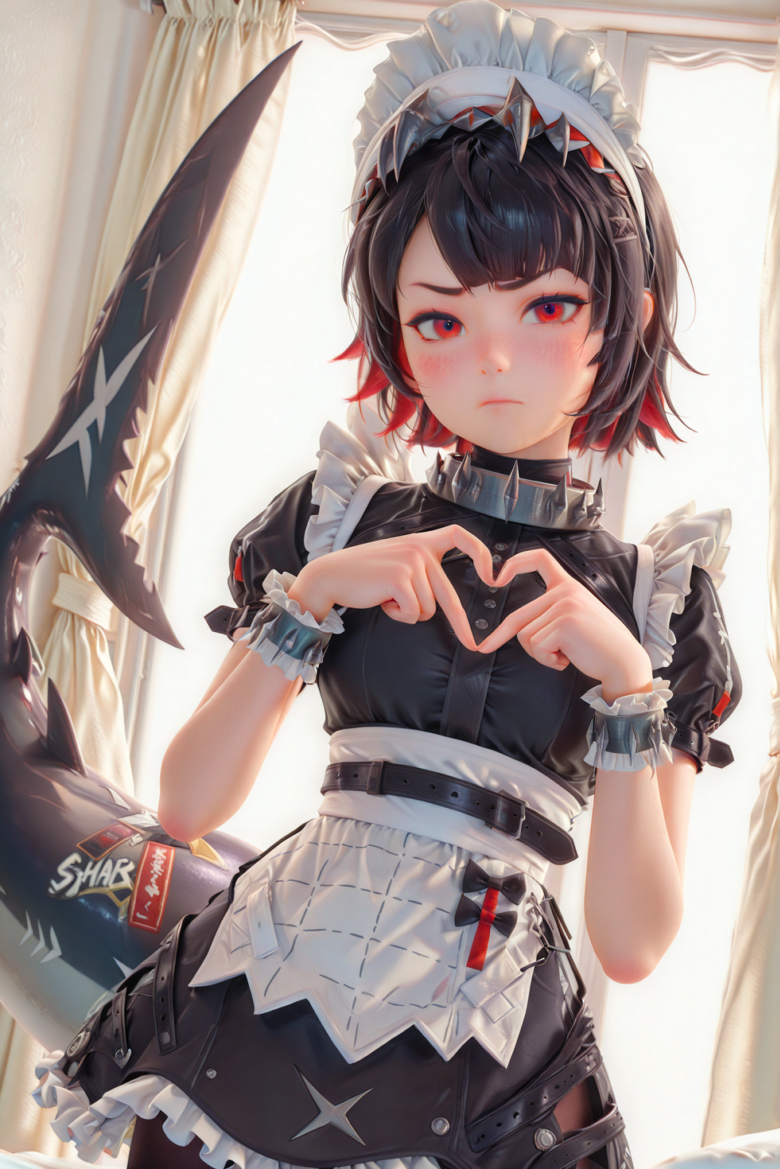 1girl, Ellen_Joe, shark tail, red_eyes, black_hair, short_hair, colored_inner_hair, spiked_bracelet, spiked_collar, maid, maid_headdress, black_dress, frills, puffy_short_sleeves, maid_apron, black_belt, bow, brown_pantyhose, angry, facing_viewer, heart_hands, indoors, dynamic angle, masterpiece, best quality, amazing quality, simple room, (white_background:1.2)