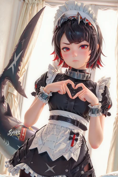 1girl, Ellen_Joe, shark tail, red_eyes, black_hair, short_hair, colored_inner_hair, spiked_bracelet, spiked_collar, maid, maid_headdress, black_dress, frills, puffy_short_sleeves, maid_apron, black_belt, bow, brown_pantyhose, angry, facing_viewer, heart_hands, indoors, dynamic angle, masterpiece, best quality, amazing quality, simple room, (white_background:1.2)