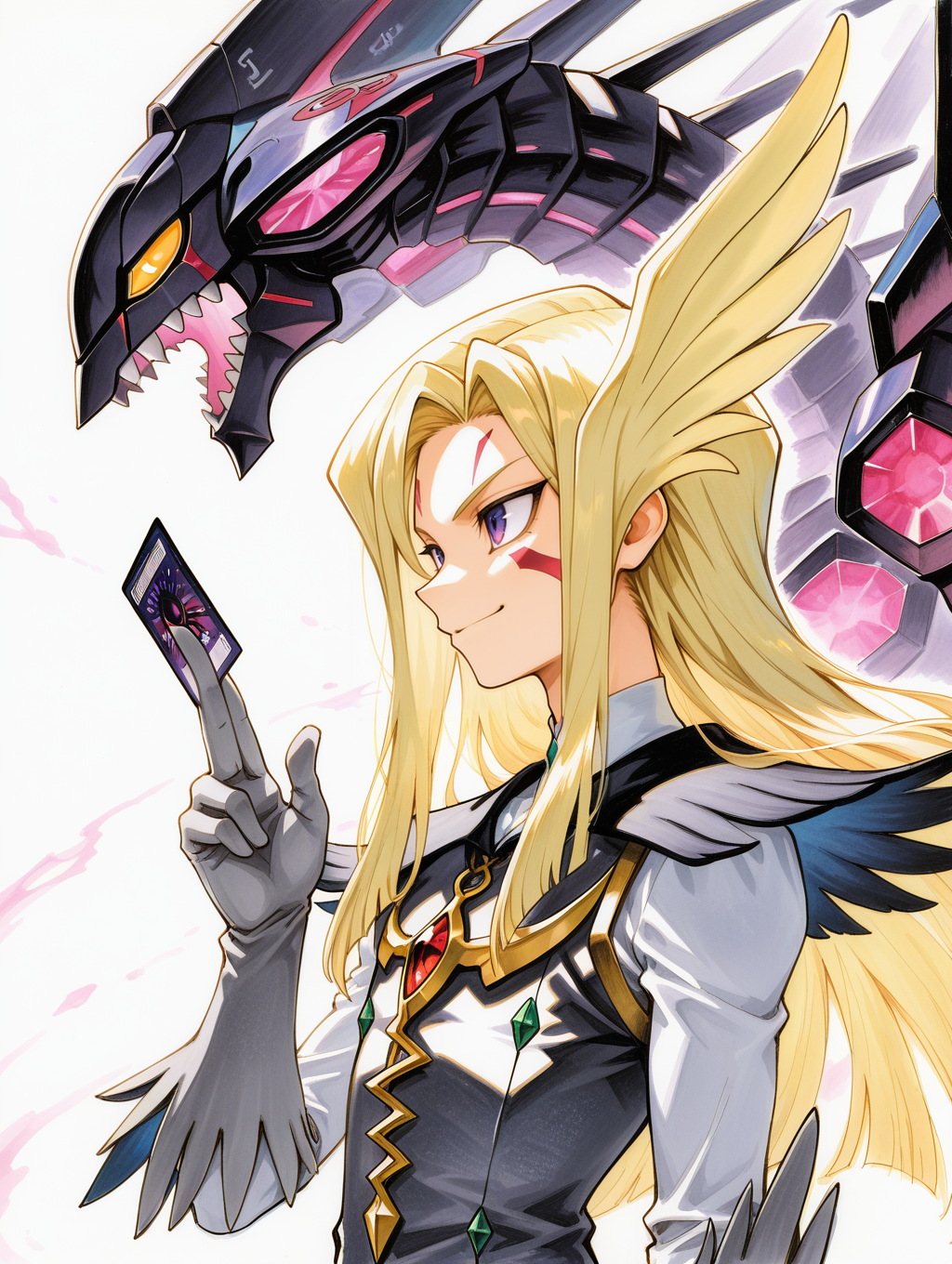 mizael,holding card,card,facial tattoo,traditional media,1boy,1other,open mouth,galaxy-eyes tachyon dragon,black mecha dragon,no humans,sharp teeth,smile,from side,male focus,upper body,solo,sketch,grey gloves,white background,closed mouth,
masterpiece,best quality,amazing quality,very aesthetic,absurdres,newest,<lora:Galaxy-Eyes Tachyon Dragon illuXL v1:0.82>,