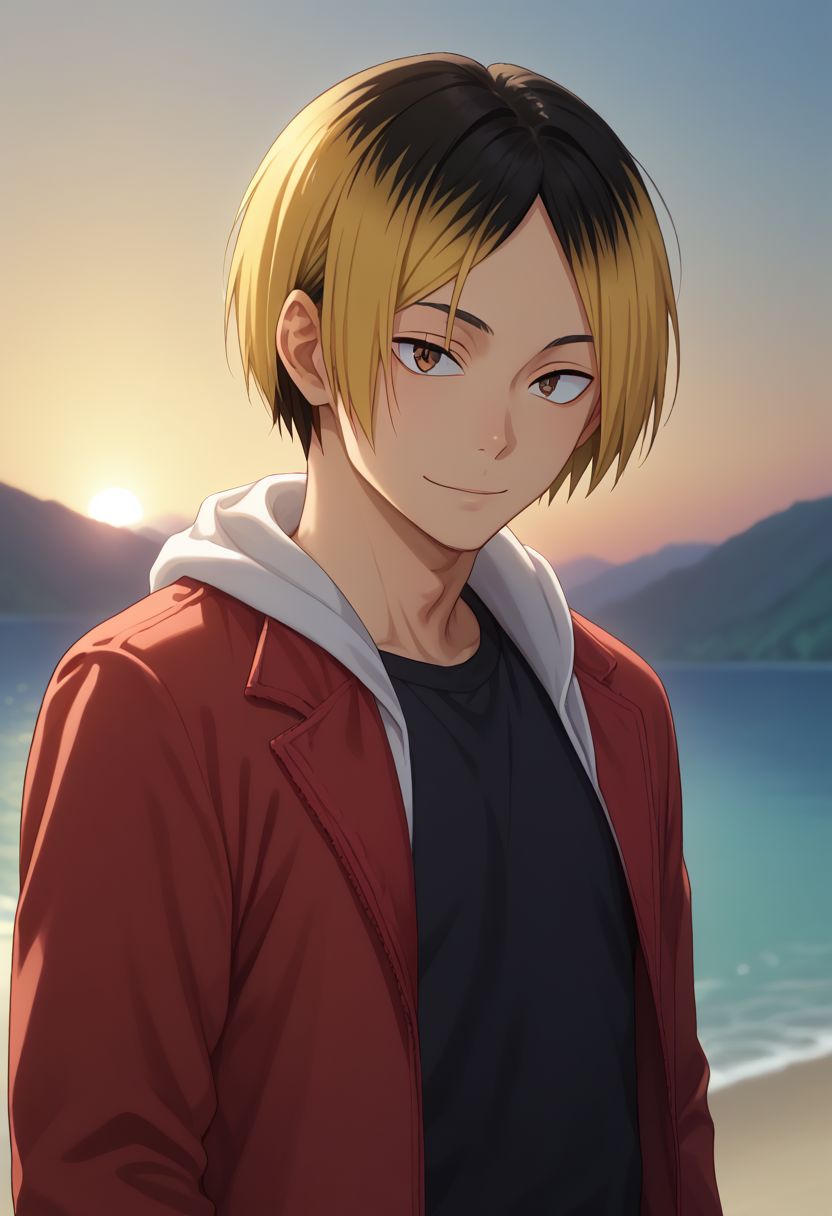 score_9, score_8_up, score_7_up, source_anime, highly detailed, 
kenma, 1boy, male focus, blonde hair, solo, multicolored hair, two-tone hair, jacket,
hood, looking at viewer, black shirt, shirt, black hair, brown eyes, 
smile, upper body, hoodie, red jacket, bang,
outdoor, sunset, upper body,