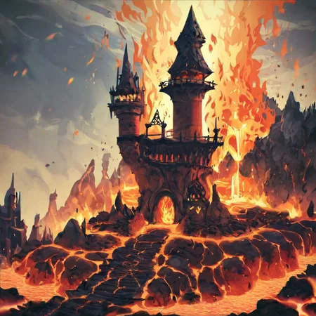 style-nebmagic, (tormented souls), craggy rocks, ((fire)), demonic, creatures, lava, volcano, castle, vivid colors, ((hyper realistic)), hopeless, despair, creepy, agony, high quality, masterpiece, score_9, score_8_up, score_7_up, score_6_up, score_5_up, score_4_up