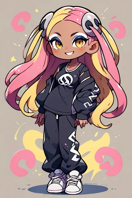 score_9, score_8_up, score_8, medium breasts, (curvy), cute, eyelashes, ,,, , ,,, zzPlumeria, pink hair, multicolored hair, blonde hair, two-tone hair, long hair, yellow eyes, hair ornament, quad tails, breasts, eyeshadow, skull hair ornament, dark skin, black tank top, eyeshadow, makeup, black baggy pants, tattoo, <lora:Plumeria_Pokemon_PDXL:1.0>, ,,,, BREAK, socks, big shoes, ,,, smile, looking at viewer, cowboy shot, ,,, embedding:zPDXL, Expressiveh, ,,, <lora:CuteToonPDXL:1.0>, <lora:SDXLFaeTastic2400:0.5>, <lora:Expressive_H-000001:0.4>,
