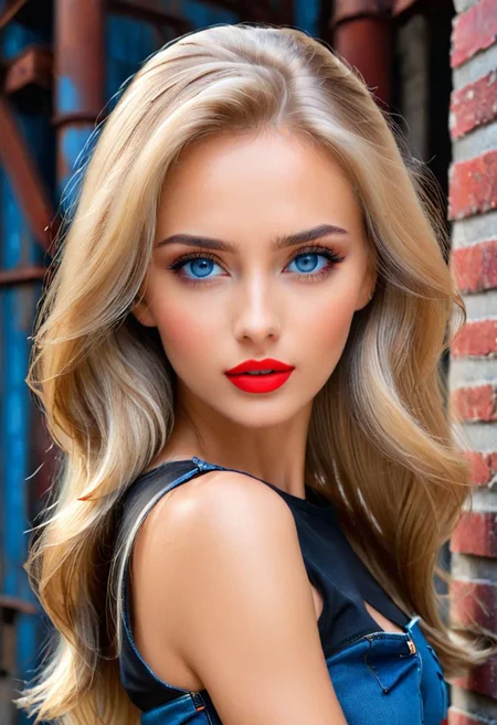 cute slavic girl, slim body, 25 years old. black shirt, denim skirt, tanned skin, blue eyes, perfecteyes, long blond hairs, red lipstick
extremely detailed, glamorous-photo, She looks very sensual and sexy. Aroused. Perfect Hands.
BREAK.
Old factory.
