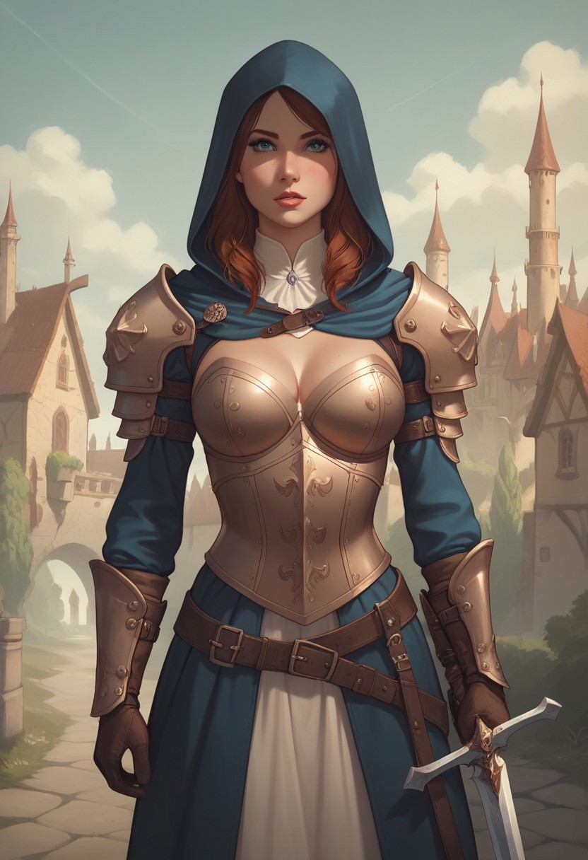 8k resolution, score_9, score_8_up, score_7_up, 22 years, Expressiveh, medieval fantasy, single a sexy brown hair blue eyes girl, big perfect breasts, perfect face, long and hourglass body, detailed eyes, semi realistic, girl heavy armor, sheathed sword, standing, medieval fantasy castle armory, hood