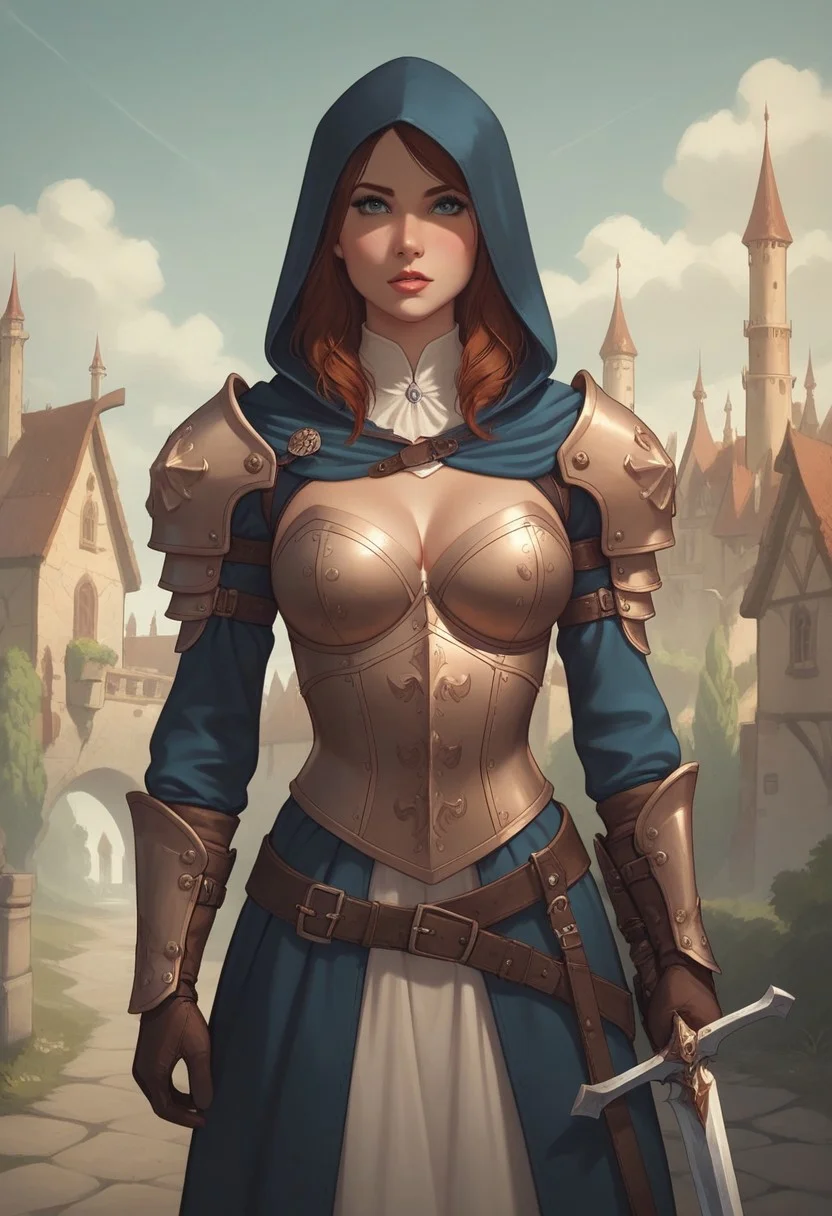 8k resolution, score_9, score_8_up, score_7_up, 22 years, Expressiveh, medieval fantasy, single a sexy brown hair blue eyes girl, big perfect breasts, perfect face, long and hourglass body, detailed eyes, semi realistic, girl heavy armor, sheathed sword, standing, medieval fantasy castle armory, hood