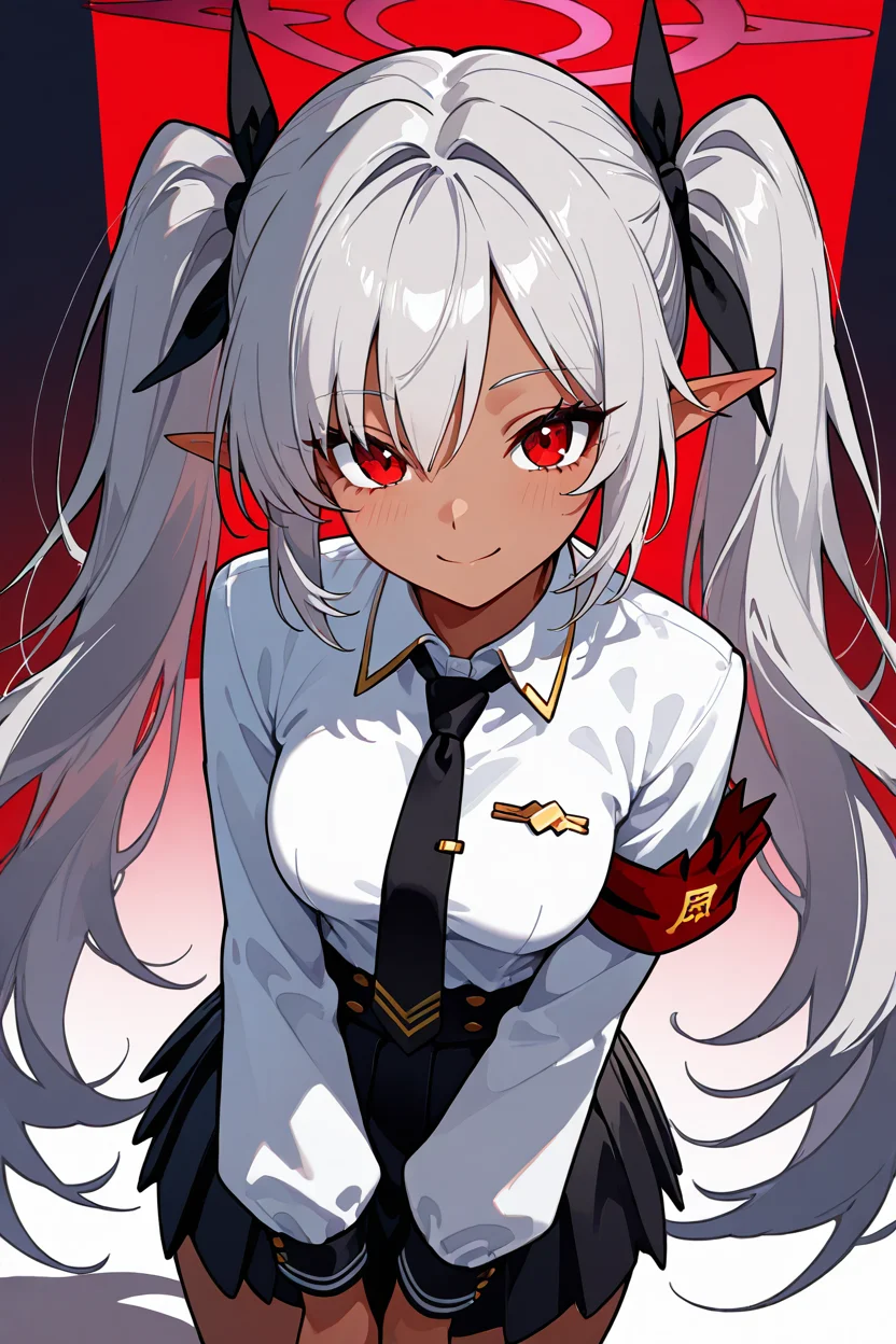 masterpiece, best quality, 1girl, solo, 21 year old model, eyelashes, (beautiful eyes), ,,, zzIori, red eyes, halo, long hair, twintails, dark skin, very long hair, pointy ears, grey hair, skirt, ribbon, hair ribbon, white shirt, necktie, collared shirt, long sleeves, <lora:IoriBlueArchiveIXL:1.0>,from above, dynamic pose, cowboy shot, smile, looking at viewer, shiny skin,