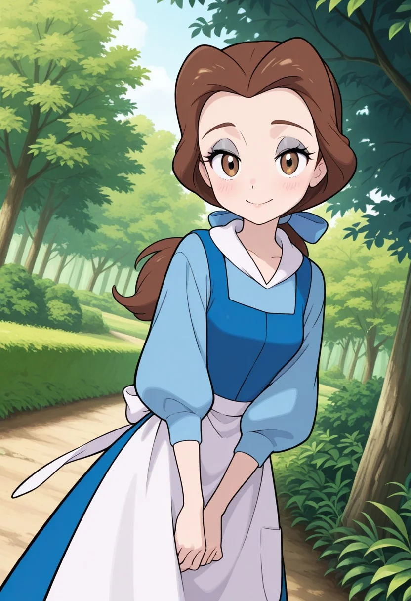 masterpiece, best quality, amazing quality, very aesthetic, absurdres, newest, 4k, 8k, dynamic angle, official style, sugimorixd, outdoors,
1girl, solo, blue dress, looking at viewer, long hair, brown hair, brown eyes, bellexd, low ponytail, white apron, long sleeves, blue hairbow,
happy, content, eyes half closed, blush, light black eyeshadow,
<lora:Expression_Detailer_Illustrious_Lora:1>, ,<lora:sugimoi:1> <lora:Bella:1>