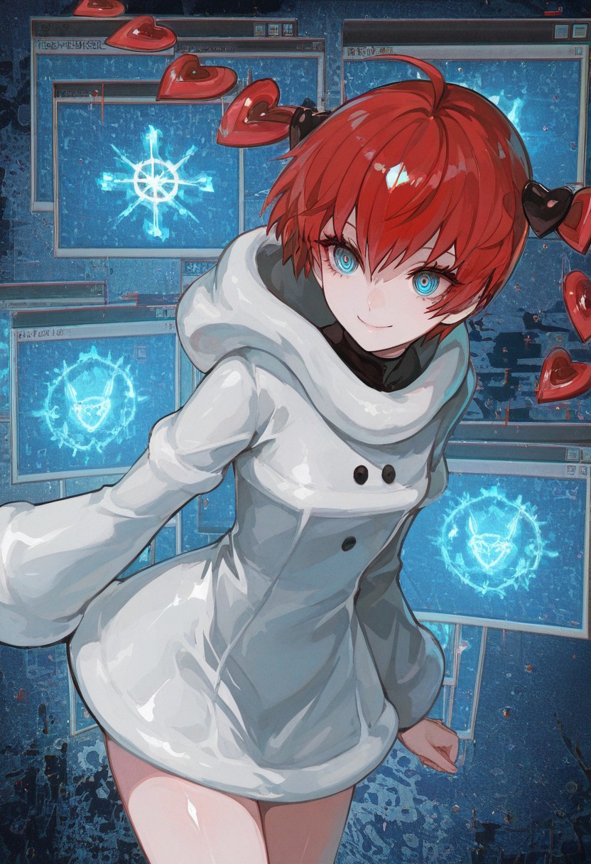 konya karasue, lam \(ramdayo\), masterpiece,best quality,highres,absurdres,newest, very awa, aesthetic, usnr, window \(computing\), abstract, glitch, mhh, dynamic pose,movementglowing,pixelates glitch, glowing screen,s0ph1a, short hair, red hair, detached hair, heart, ahoge, twintails, blue eyes,short dress, white dress, hooded dress, hood down, long sleeves, cute, smile, bright smile,shiny skin ,<lora:f6784438-d152-4f5f-acca-c217db0a0f5a:0.7>, <lora:9c107e55-79ea-4dc4-bd06-bdc43dab5b35:0.4>, <lora:49c16599-ba1b-433f-a8ce-78e743e75128:0.7>, <lora:f5aa1b3d-578b-4108-8cca-83a989818734:0.7>, <lora:505bcfef-f48c-4fec-ba27-1c7782273728:0.5>
