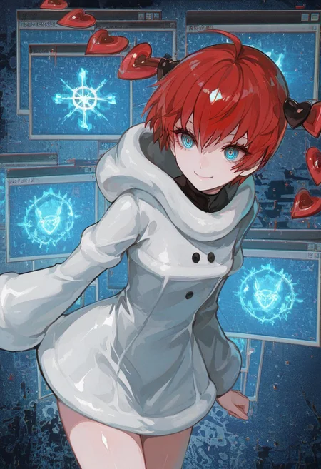 konya karasue, lam \(ramdayo\), masterpiece,best quality,highres,absurdres,newest, very awa, aesthetic, usnr, window \(computing\), abstract, glitch, mhh, dynamic pose,movementglowing,pixelates glitch, glowing screen,s0ph1a, short hair, red hair, detached hair, heart, ahoge, twintails, blue eyes,short dress, white dress, hooded dress, hood down, long sleeves, cute, smile, bright smile,shiny skin ,<lora:f6784438-d152-4f5f-acca-c217db0a0f5a:0.7>, <lora:9c107e55-79ea-4dc4-bd06-bdc43dab5b35:0.4>, <lora:49c16599-ba1b-433f-a8ce-78e743e75128:0.7>, <lora:f5aa1b3d-578b-4108-8cca-83a989818734:0.7>, <lora:505bcfef-f48c-4fec-ba27-1c7782273728:0.5>