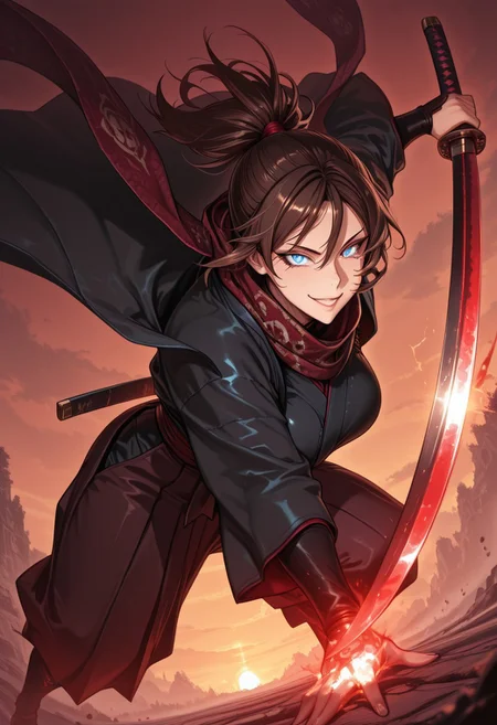 masterpiece, best quality,high quality, newest, highres,8K,HDR,absurdres, 1girl, mature female, solo, ponytail, long dark brown hair, glowing blue eyes, slit pupils, sexy smile expression, black and red checker patterned scarf, black kimono, haori, hakama pants, katana, samurai fantasy battlefield, stormy sky, dynamic pose, intense lighting, detailed background, depth of field, dynamic composition, foreshortening, detailed background, dynamic pose, dynamic composition,dutch angle, detailed backgroud,foreshortening,blurry edges <lora:iLLMythG0thicL1nes:1> G0thicL1nes