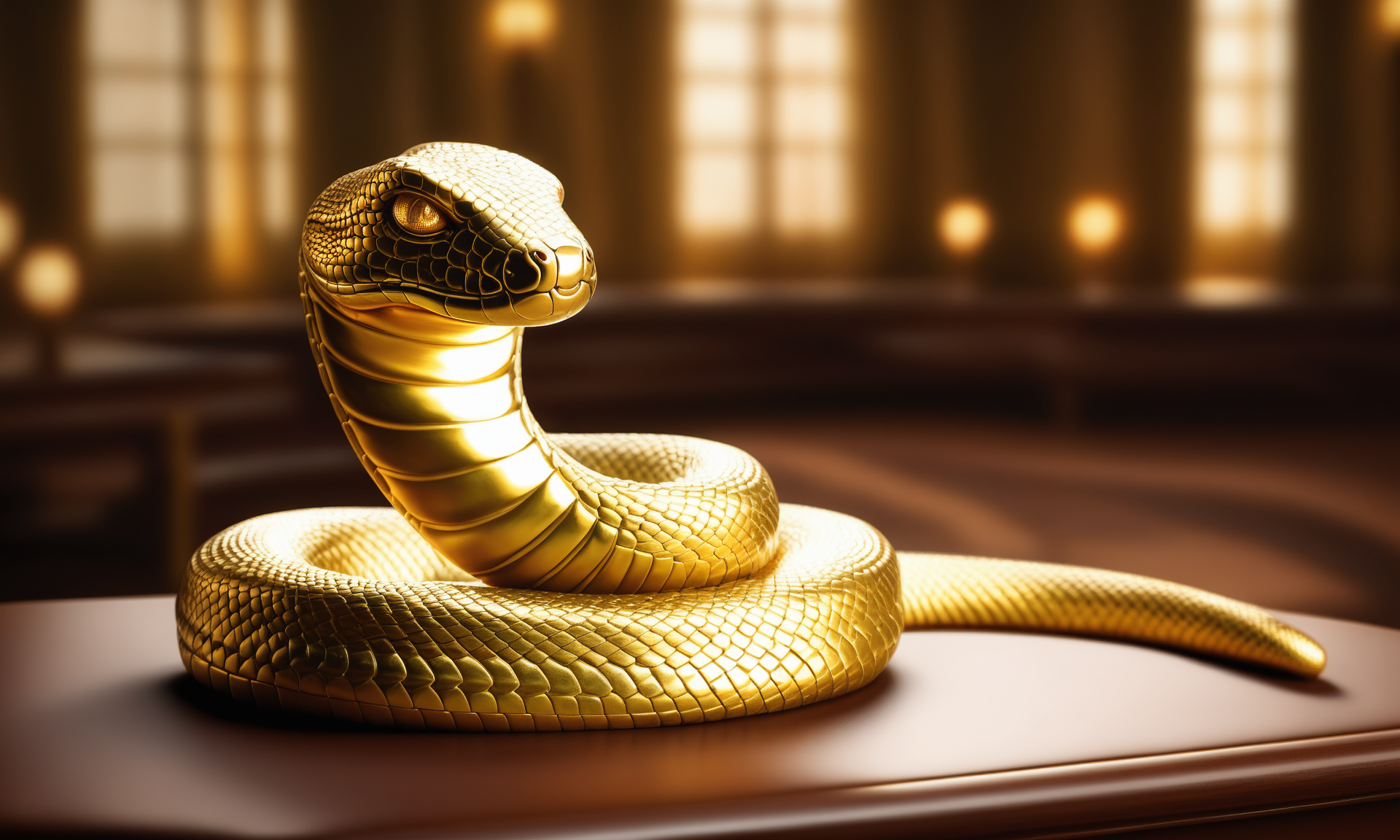 <lora:goldcarvingcd_xl-000006:0.8>,a statue of a snake made of golden in office scene,goldcarvingcd_xl,gold carving,indoors,chinese zodiac,wooden table,cutie,cute,still life,animal statue,front view,facing viewer,looking at viewer,(Unbelievable Digital Artwork:1.3),fine art,CGSociety,ArtStation,master works, emotional, harmonious, high budget, moody, epic, gorgeous, perfect lighting, realistic, photorealistic, photographic, photo (medium),real, moody lighting, volumetric lighting, reality ray tracing, 8K, HDR, UHD, masterpiece, best quality, highly detailed, high resolution, finely detail, extremely detailed, ultra detailed, wallpaper