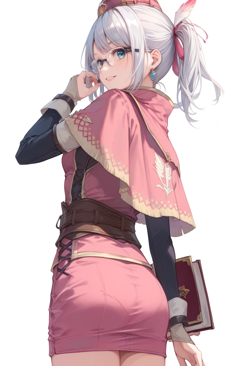 (score_9:0.9),score_8_up,score_7_up,rating_safe,anime_style,(zPDXL),<lora:hub lass and Brigade Armor ponyXL v1.2:0.78>,glasses, hub lass, brigade clothes, 1girl, ass, book, pink hat, smile, looking at viewer, holding, simple background, white background, pink clothes, holding book, pink capelet, hair ornament, red neck ribbon, black long sleeves