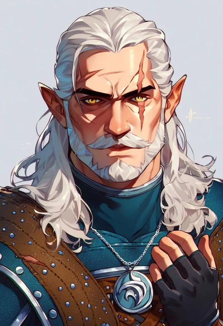 dskgeralt, solo, long hair, looking at viewer, gloves, 1boy, yellow eyes, upper body, white hair, male focus, pointy ears, fingerless gloves, necklace, armor, facial hair, scar, beard, scar on face, mustache, scar across eye, PonyXLV6_Scores zPDXL