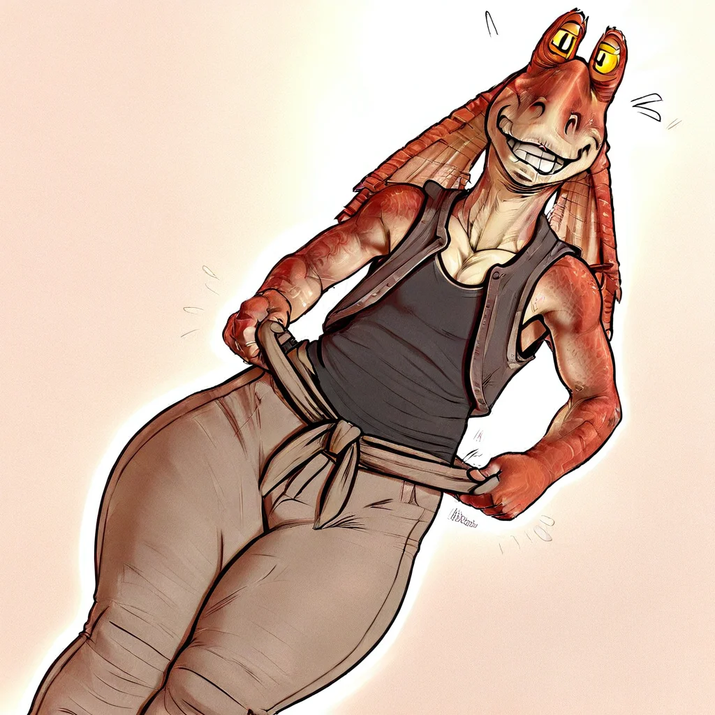 3d, cartoon, furry, Gungan, male, anthro, humanoid body, perfect anatomy, yellow eyes, (((Orange/white skin:1.1, ((slim, athletic, thick thighs, wide hips)), black tank top, black vest, trousers, tan vest, waist wrap, standing, shy expression, smile, blushing, teeth, looking at viewer, front view, half body, side angle, dynamic angle, dynamic lighting, 1boy, solo, color, simple background, detailed face, perfect face, masterpiece, absurdres, intricate detail, very aesthetic,