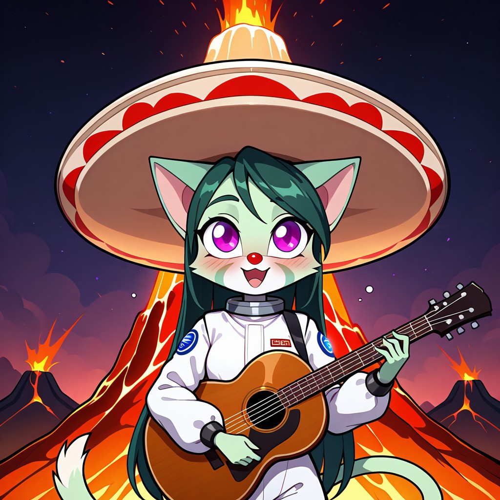 L1l1th_Ca1a4,1girl,solo,furry,furry female,cat girl,long hair,green hair,cat ears,purple eyes,snout,animal nose,body fur,two-tone fur,green fur,white fur,cat tail,
(volcano background), astronaut helmet, white clown costume, giant sombrero, playing guitar, drunk, singing, epic, beer bottles, (clown makeup), clown nose,