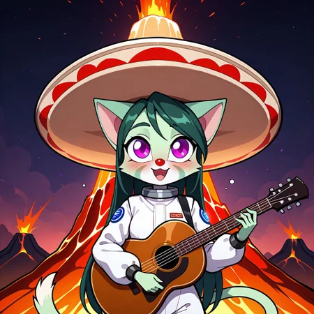 L1l1th_Ca1a4,1girl,solo,furry,furry female,cat girl,long hair,green hair,cat ears,purple eyes,snout,animal nose,body fur,two-tone fur,green fur,white fur,cat tail,
(volcano background), astronaut helmet, white clown costume, giant sombrero, playing guitar, drunk, singing, epic, beer bottles, (clown makeup), clown nose,